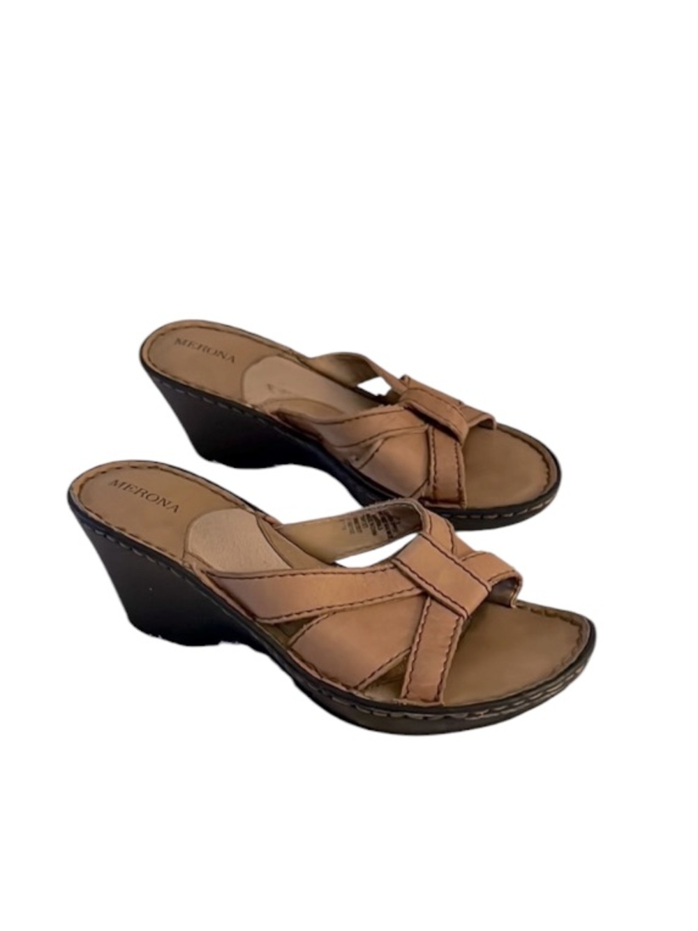 Merona Camel Tan Leather Wedge Boho Women’s Slide Slip On Mule Sandals Sz 7.5